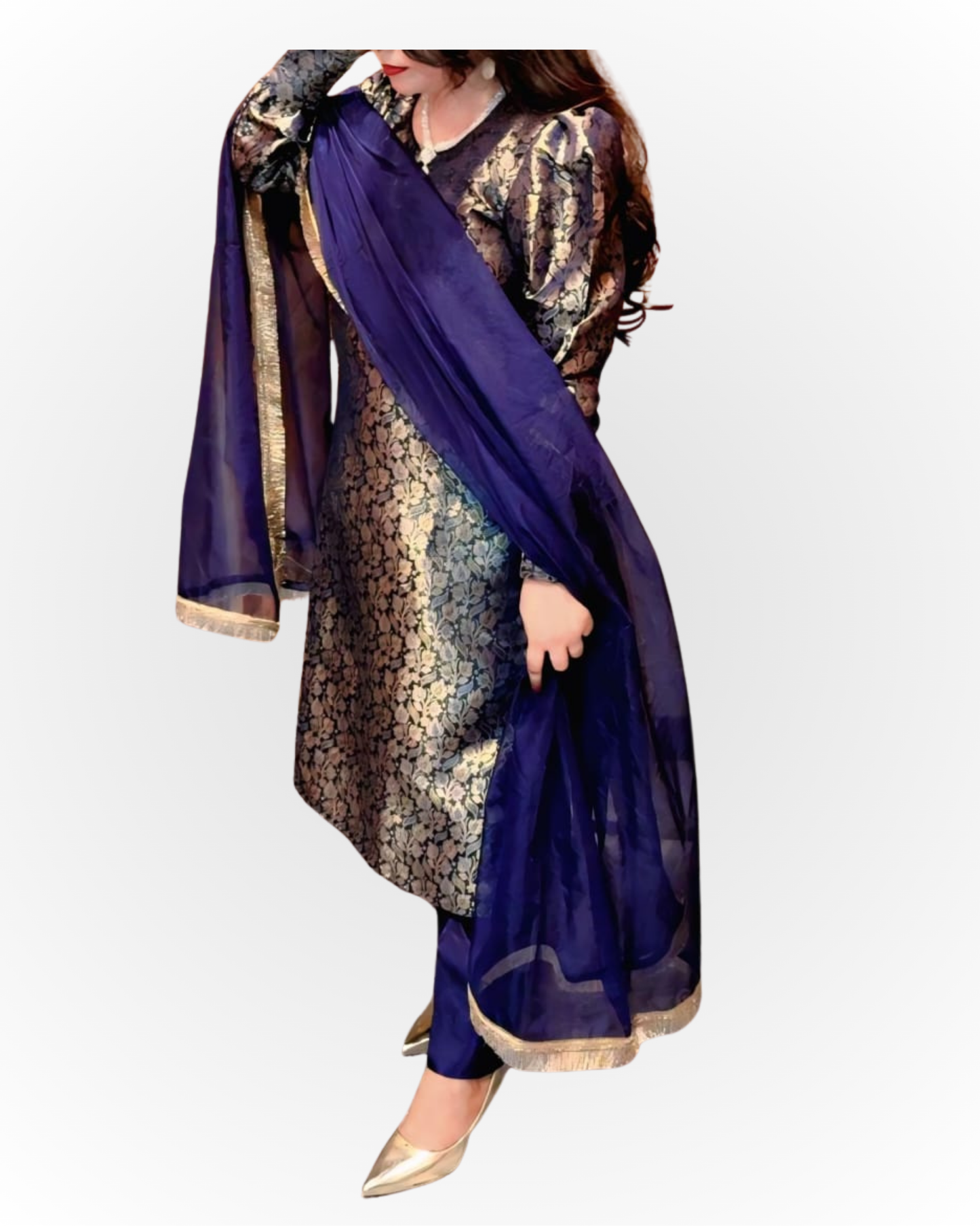 Royal Blue & Gold Embroidered Party Wear Suit – 3 Piece Set