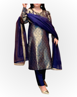 Royal Blue & Gold Embroidered Party Wear Suit – 3 Piece Set
