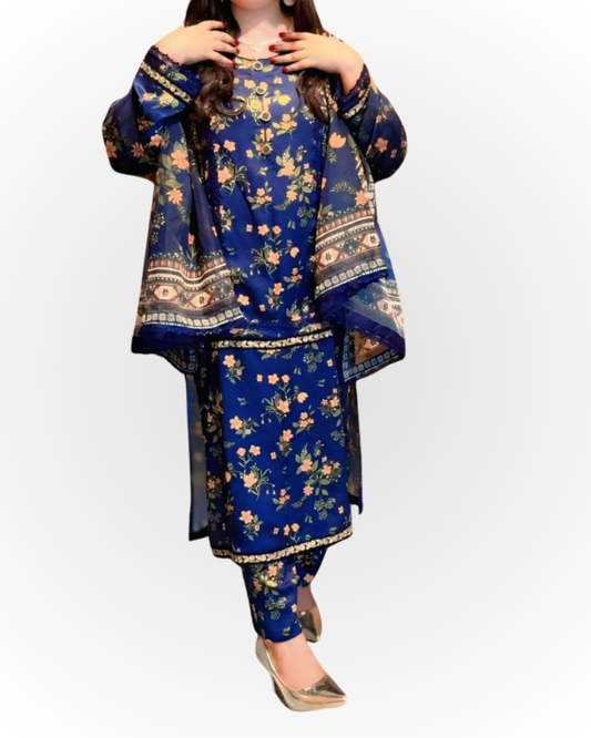 Royal Blue Floral  Formal Suit – 3 Piece Set