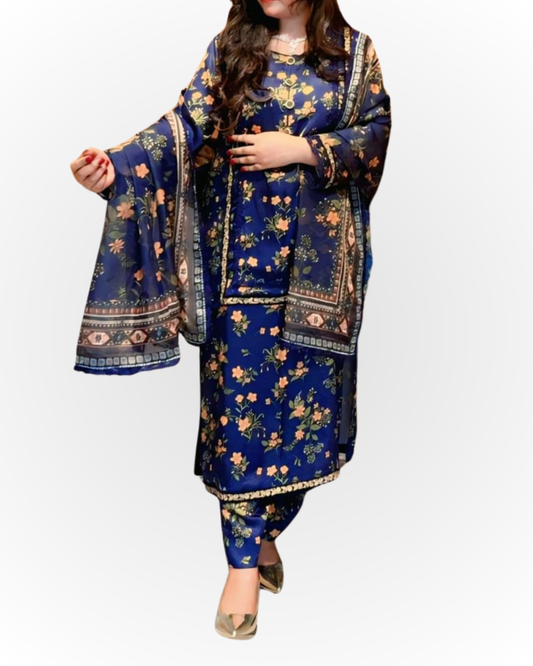 Royal Blue Floral  Formal Suit – 3 Piece Set