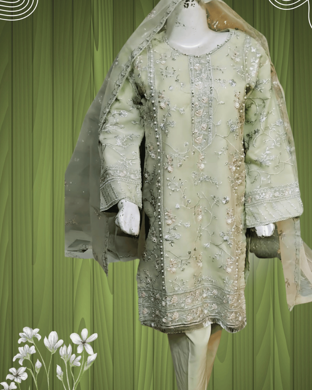 Pistachio Green Embroidered Formal Suit – 3 Piece Set